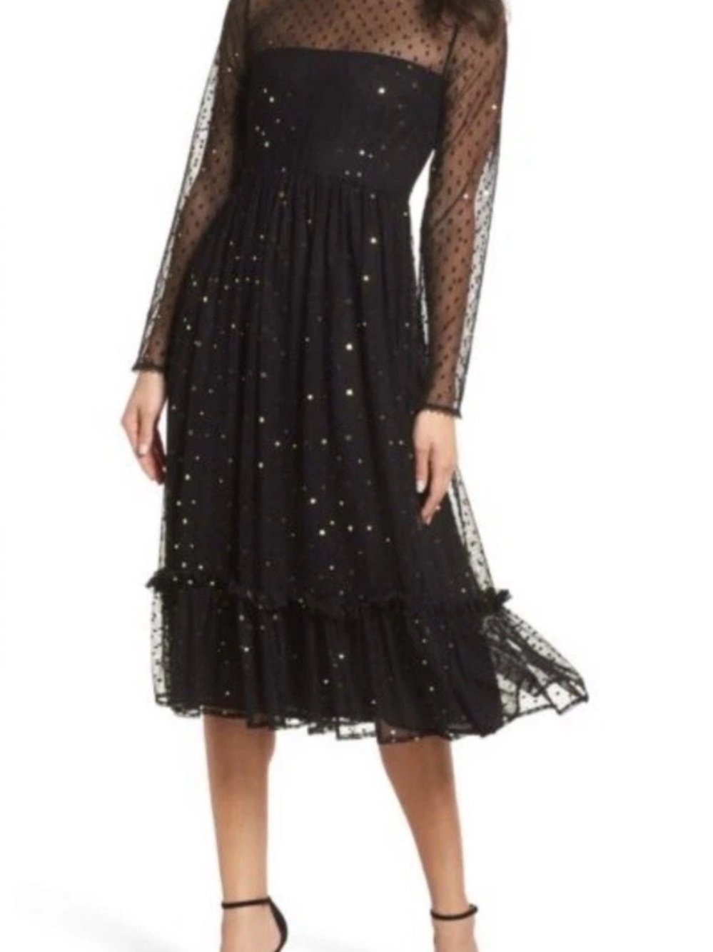 Avec Les Filles Black Sheer Polka Dot Midi Dress with Metallic Dots